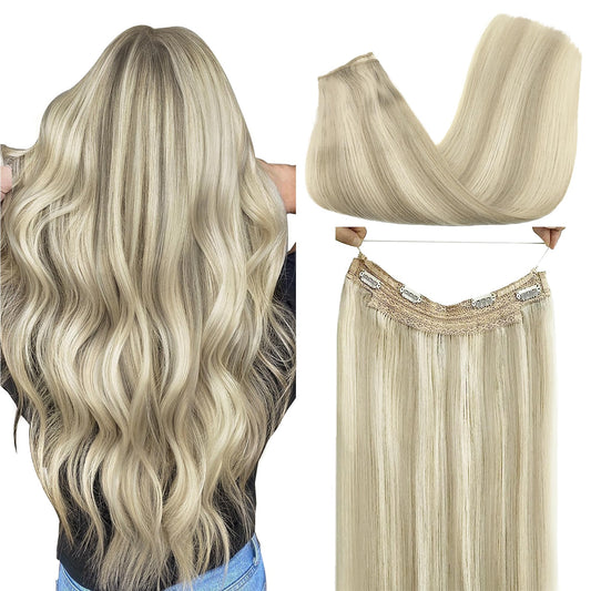Goo Goo Wire Hair Extensions Human Hair, 17A/60A Ash Blonde Mix Platinum Blonde Highlighted 16Inch 95G, Invisible Wire Hair Exte