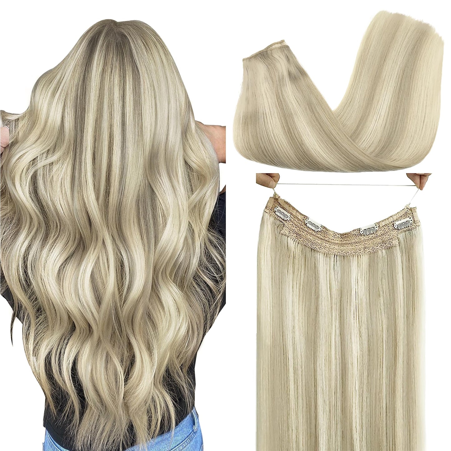Goo Goo Wire Hair Extensions Human Hair, 17A/60A Ash Blonde Mix Platinum Blonde Highlighted 20Inch 110G, Invisible Wire Hair Ext