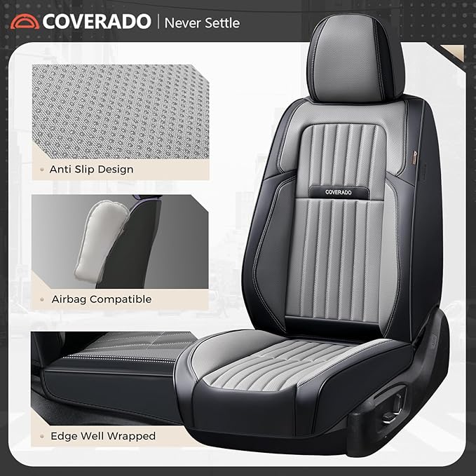 Coverado Car Seat Covers Full Set, Seat Covers for Cars, Car Seat Cover, Car Seat Protector, Leather Car Seat Cushion, Waterproof Car Seat Covers Front Seats and Back Fit for Most Cars(Black&Gray)