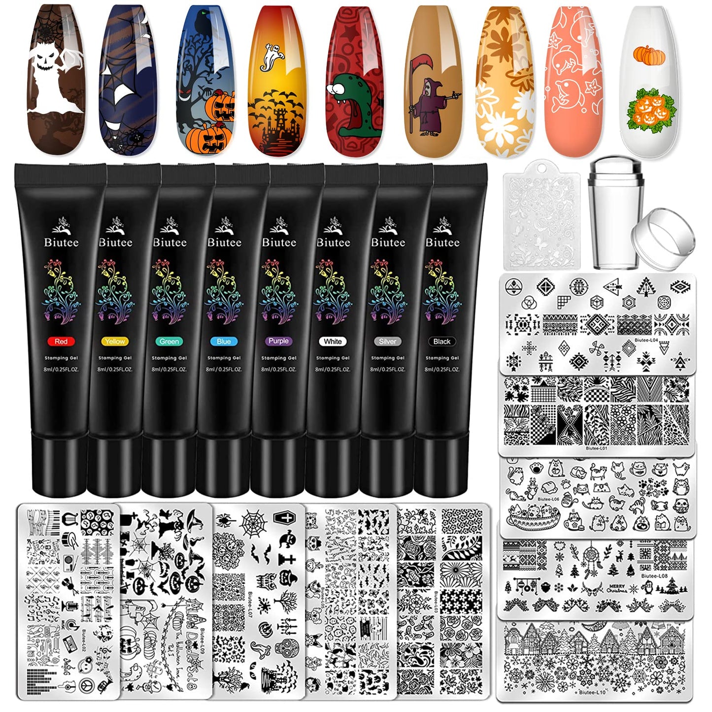 Biutee Nail Stamping Plates Set 8 Pcs Nail Stamping Polish Gel 10Pcs Templates With Stamper Nail Art Plates Set Halloween Nail P