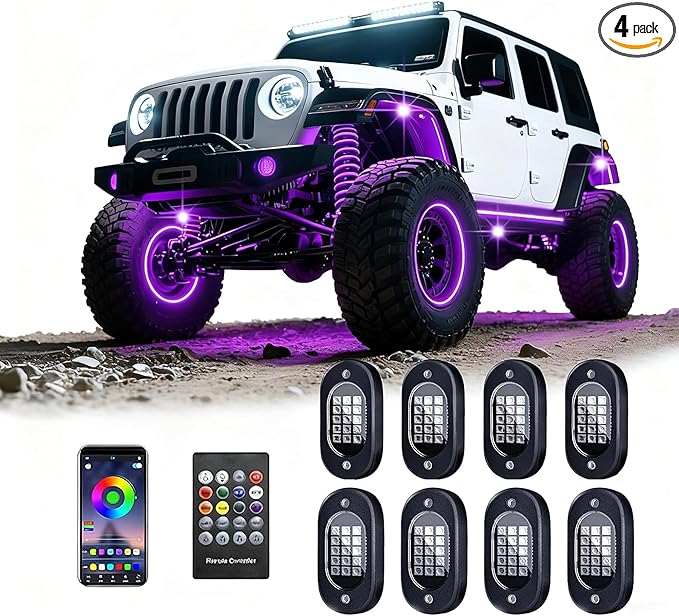 RGB LED Rock Lights Kit with APP/RF Remote Control Music Mode, Enhanced Underglow Lights Multi Zone Neon Underbody Light Multi Color 12V Waterproof for Trucks Jeep UTV ATV Golf Cart Offroad (4, p)