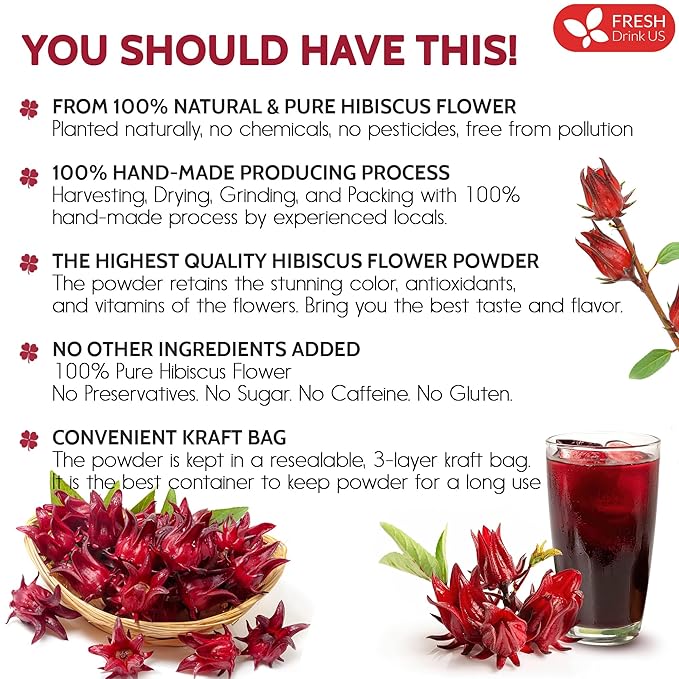 FreshDrinkUS, Premium 40oz Hibiscus Flower Powder, 100% Natural and Pure from Hibiscus Flowers, Natural Food Coloring, Hibiscus Flowers Tea, No Additives, No Gluten, No Sugar, Vegan