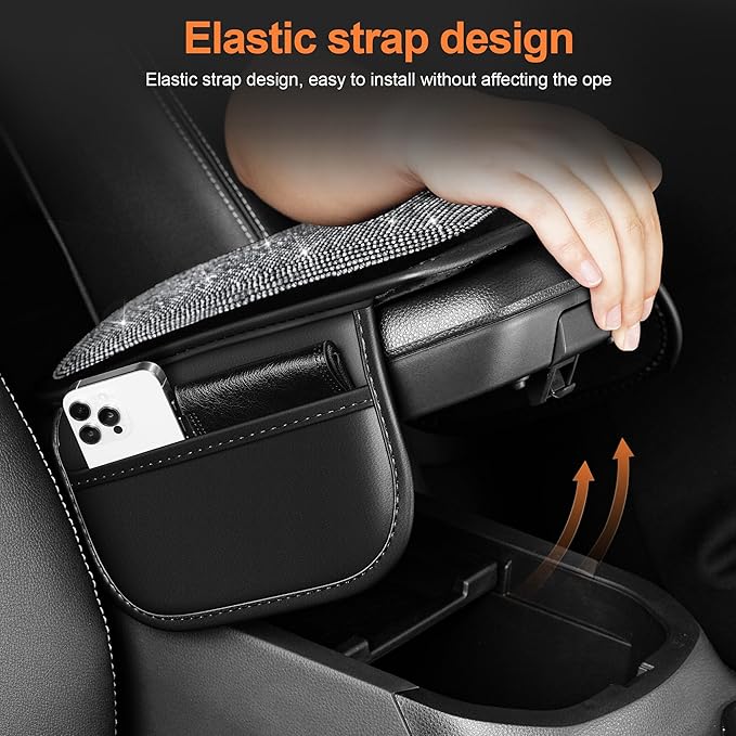 Bling Car Center Console Cover Custom Fit for Jeep Cherokee - Leather Armrest Cover with 2 Storage Pockets and Crystal Rhinestones(Black)