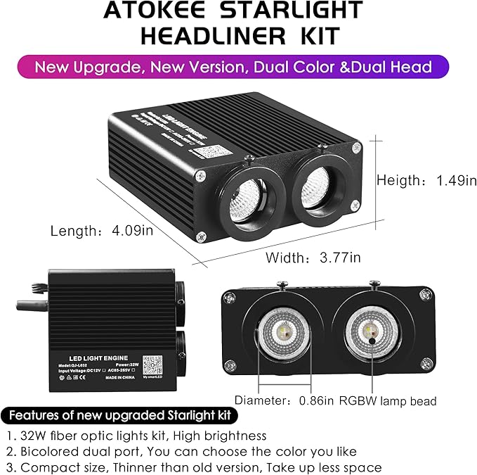 ATOKEE 32W Dual Color Starlight Headliner Kit, Sound Activated Fiber Optic Star Roof Lights with APP/Remote Control, 1100pcs 0.03in 9.8ft