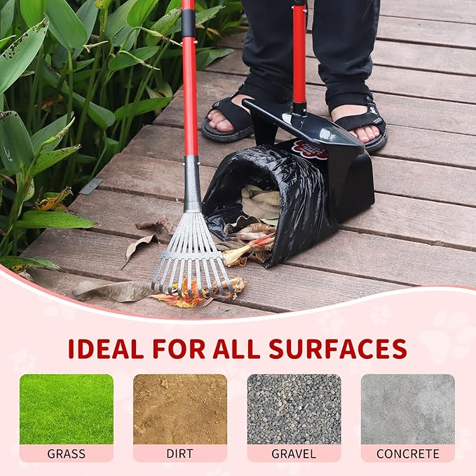 Pooper Scooper Swivel Bin & Rake & Spade with 60 Waste Bags, Heavy Duty Dog Poop Scooper for Large Medium Small Dogs, Long Stainless Steel Handle Use on Yard, Grass, Dirt or Gravel