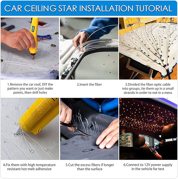 ATOKEE 16W Fiber Optic Lights 300pcs 0.03in 6.5ft, Sound Activated Starlight Headliner Kit Star Lights for Car Ceiling Décor with 28-Key RF Remote/Bluetooth APP