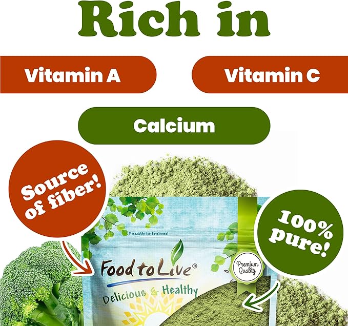 Food to Live Broccoli Powder, 2 Pounds – Nutrient-Rich Green Superfood for Smoothies, Shakes and Cooking, High in Fiber, Vitamins and Antioxidants, Vegan, Kosher, Bulk