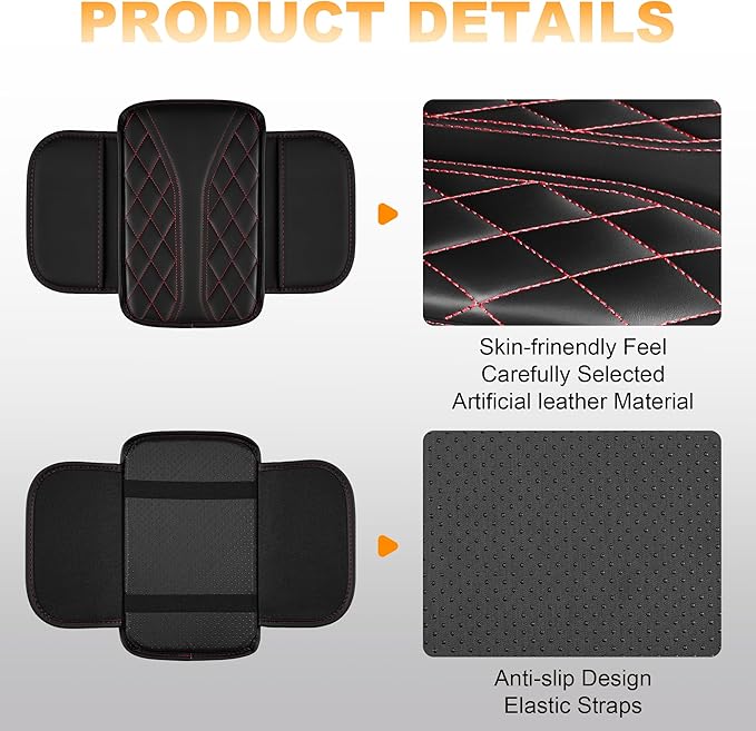 Car Center Console Cover Fit for Jeep Renegade - Leather Armrest Covers with 2 Storage Pockets(Black&Red)