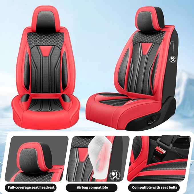 Fit Juke Car Seat Covers Compatible with Nissan Juke 2012-2015 2016 - Premium Leather， Waterproof Breathable， All-Weather Seat Cushion Protecto&Airbag Compatible (2 Front Seat Red&Black)