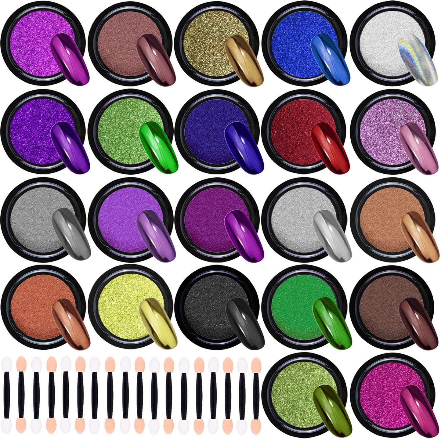 Duufin 22 Colors Chrome Nail Powders Metallic Nail Powder Mirror Effect Nail Art Chrome Powder With 22 Pcs Eyeshadow Sticks, 1G/