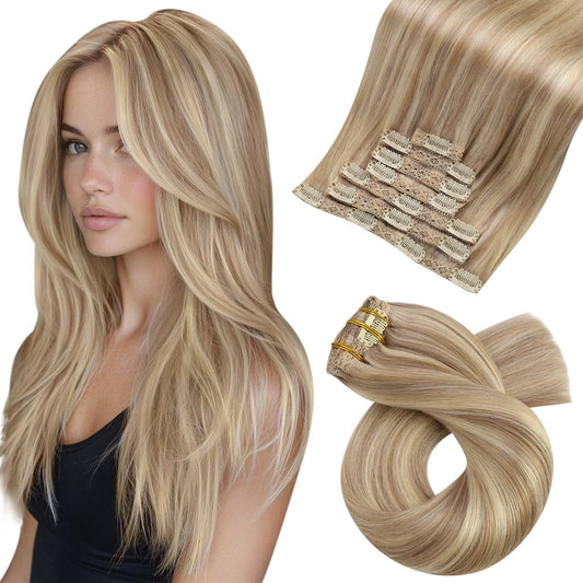 Moresoo Blonde Clip In Hair Extensions Highlights Silk Straight Double Weft Human Hair Clip In Extensions Dark Ash Blonde With G