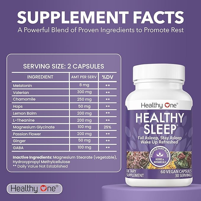 Healthy Sleep - 10 REM Inducing Ingredients - Supports All Stages of Deep Rest - Insomnia - Anxious - Restless - Melatonin - Valerian - Chamomile - Theanine - GABA - Hops - Lemon Balm - 60 Count