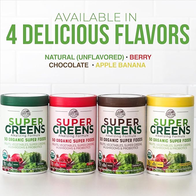 COUNTRY FARMS Super Greens Apple Banana Powder Smoothie, Organic Super Foods, USDA Organic Drink Mix, Fruits, Vegetables, Mushrooms, Superfood Nutrition, 40 Servings, 2 Pack