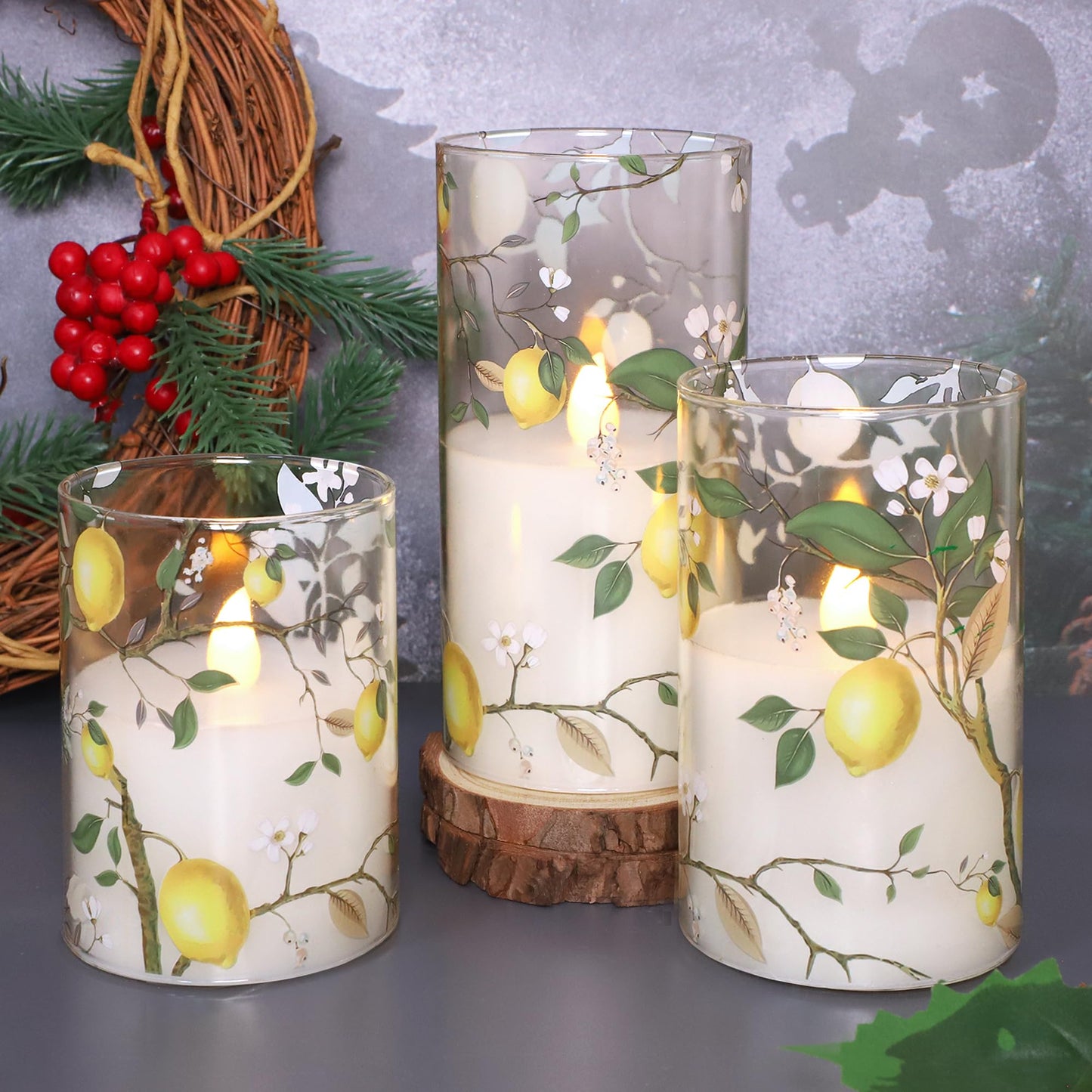 Flameless LED Candles with Remote Lemon Decal Glass Flickering Battery Operated Candles for Home Room Party Wedding Holiday Summer Decor - Set of 3