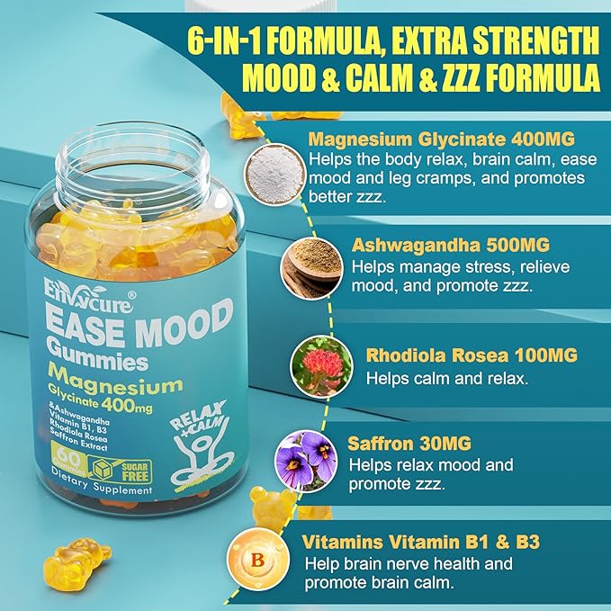 Sugar Free Magnesium Glycinate Gummies 400mg with Ashwagandha, B1, B3, Rhodiola Rosea & Saffron for Support Rest, Mood & Energy Calm Magnesium Gummies for Adults, Chewable Magnesium Supplement, 60Ct