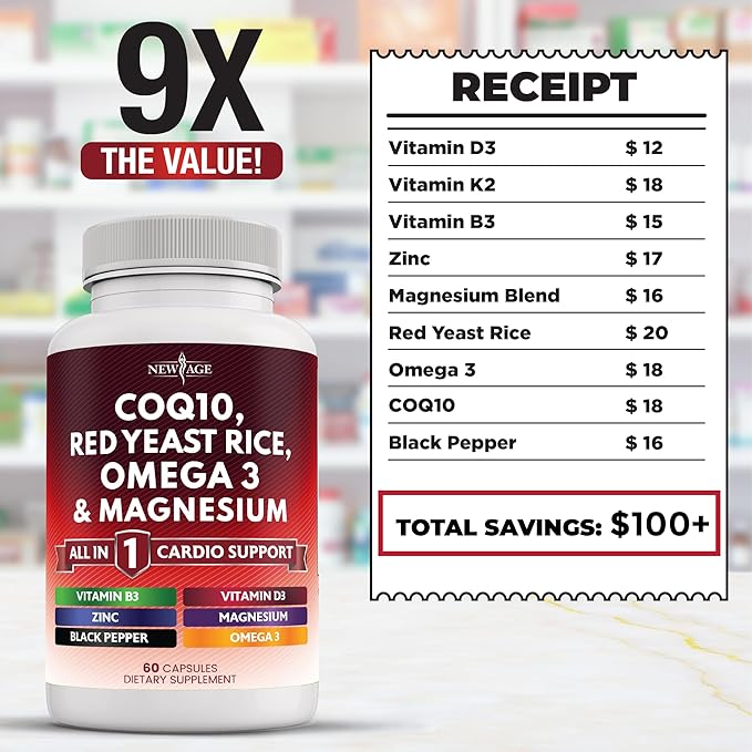 NEW AGE COQ10 200mg Red Yeast Rice Omega 3-6-9 Magnesium Complex Zinc Vitamin K2 D3 - Support Vitamins for Women and Men with Vitamin B3, Coenzyme Q10-180 Count