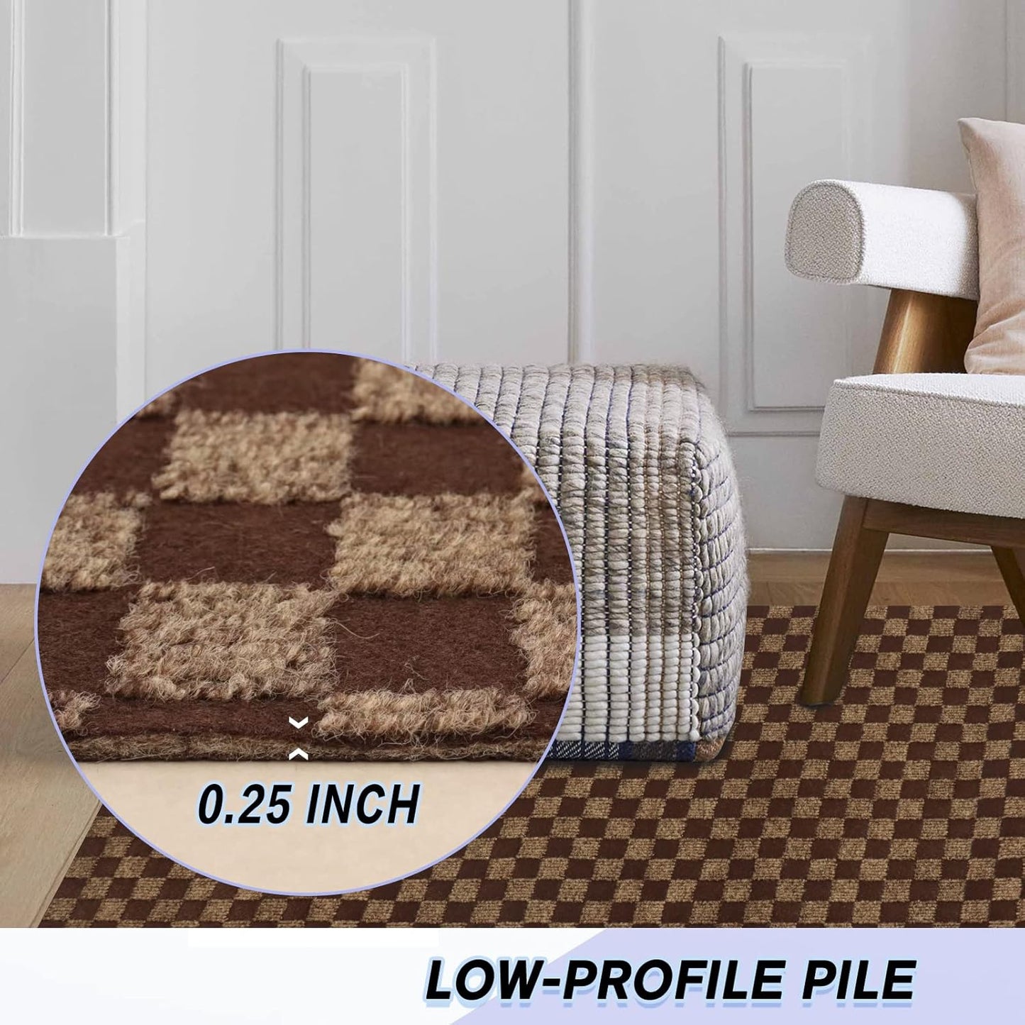 Custom Size Backed Non-Slip Area Rugs Runner, Easy Clean, Waterproof Runner Rugs for Hallway Entryway, Kitchen, Laundry, 3FT x 14FT, Brown Checkered