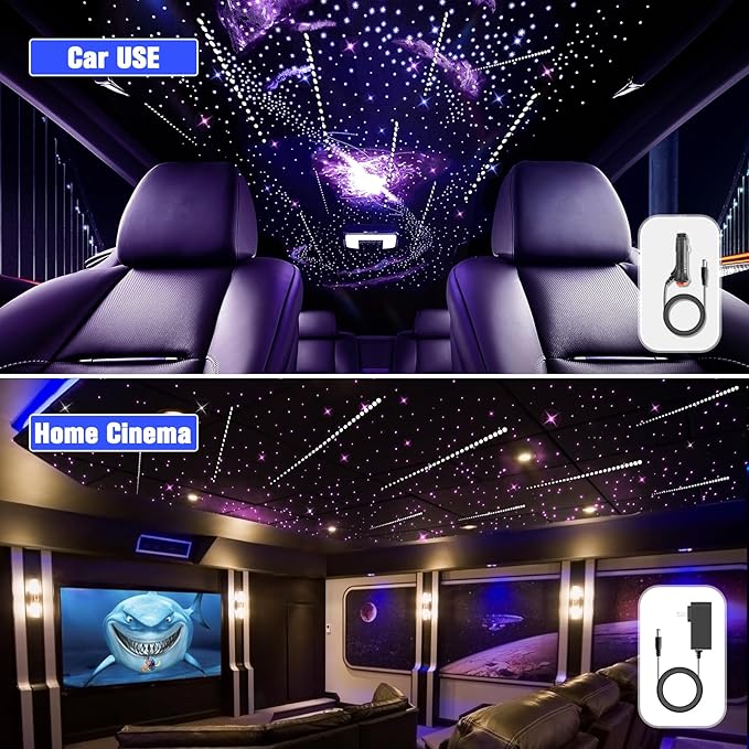 32W Meteor RGBW Twinkle LED Fiber Optic Lights, Bluetooth APP/Remote/Music Control Star Ceiling Light Kit+Adapter+Car Use Plug, Fiber Cable 1000pcs*0.03in*13.1ft with Shooting Stars Kit