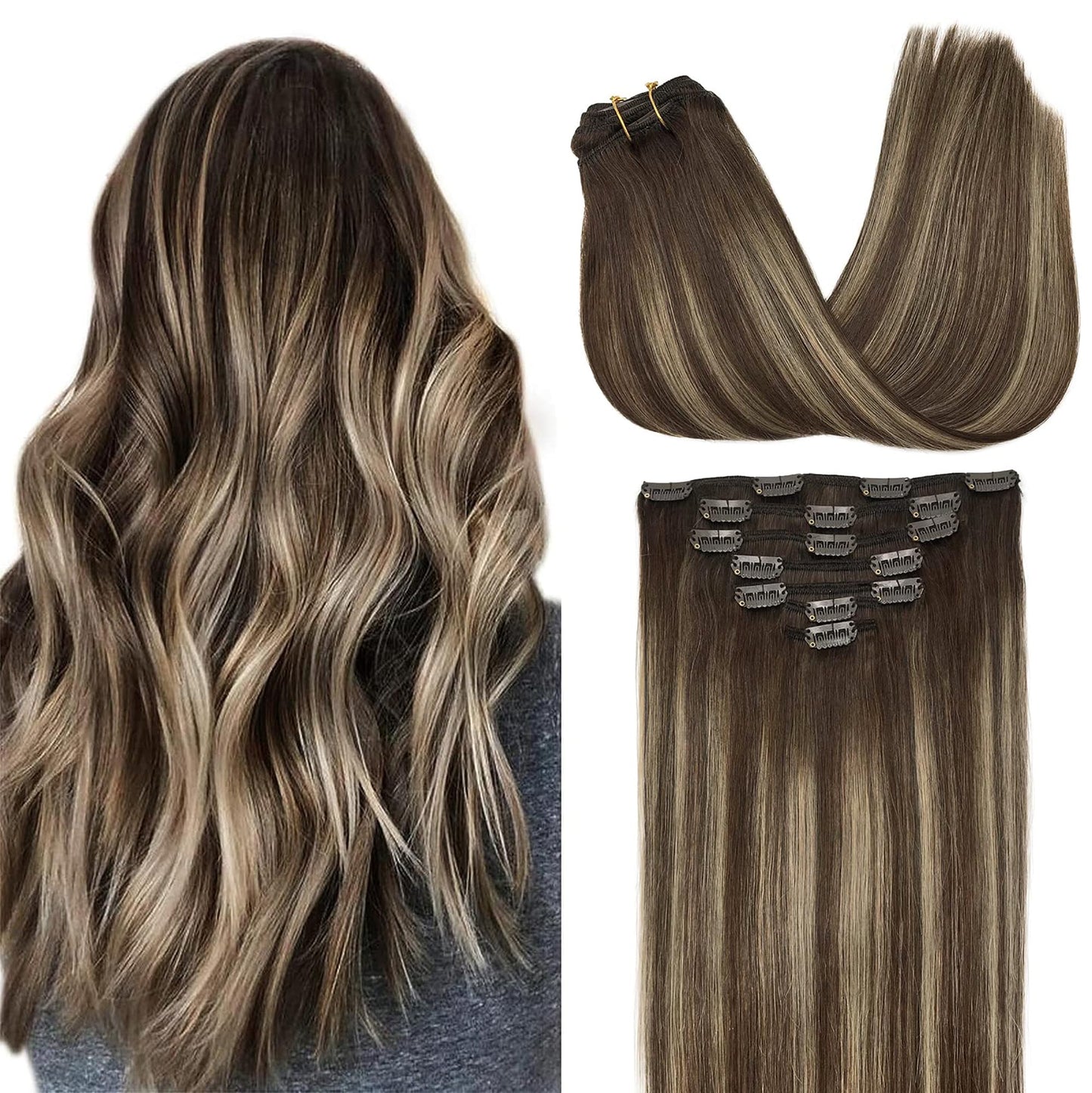 Goo Goo Clip In Hair Extensions Real Human Hair, 20Inch 120G 7Pcs, 4/26/4 Balayage Chocolate Brown To Honey Blonde, Remy Human H