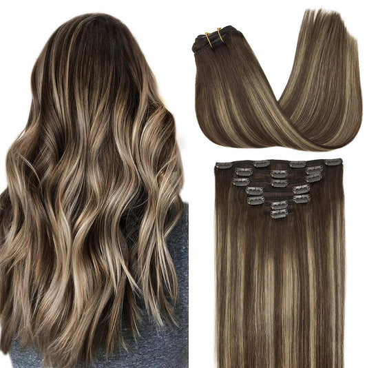 Goo Goo Clip In Hair Extensions Real Human Hair, 20Inch 120G 7Pcs, 4/26/4 Balayage Chocolate Brown To Honey Blonde, Remy Human H