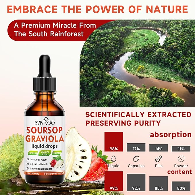 Soursop Graviola Liquid Drops for Cell Support & Regeneration, Immune Boost, Relax, Liver and Sleep, Soursop Bitters Liquid, Sugar/Gluten Free, Natural Strawberries Flavor - 4 Fl Oz (120ml) Bottle