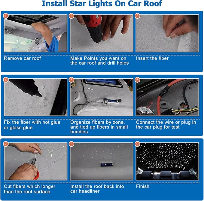 AMKI Updated 16W RGBW Fiber Optic Light Twinkle+Sound Activated Mixed 375pcs 9.8ft Cables APP Remote Music Control Car Home Starlight Headliner Star Ceiling Light Kit 0.03in 0.04in 0.06in Strands