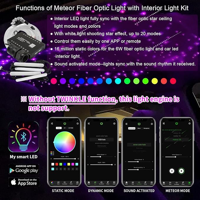 AKEPO 3in1 Fiber Optic Lights Kit APP Control Headliner Starlight, Shooting Star+Music Activated Under Dash Interior LED Light and 6W RGBW Fiber Optic Star Light, 550pcs 0.03in 13.1ft Fiber Strands