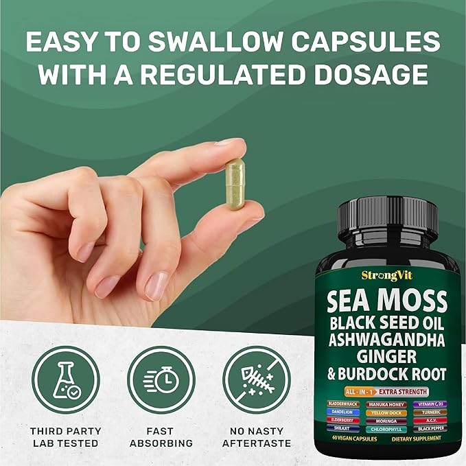 Sea Moss Black Seed Oil Ashwagandha Ginger, Organic Sea Moss Capsules with Burdock Root, Irish Seamoss Pills with Bladderwrack, Turmeric, Shilajit, Multimineral Supplement, USA