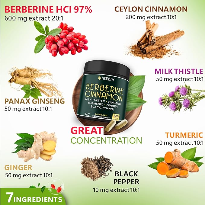 Bundle 7in1 Berberine HCl 97% 120 Count & 4in1 Cardamom Capsules 100 Count - Support Immune, Digestion, Heart Health, and Natural Wellness