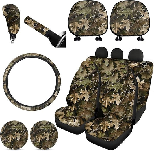 FKELYI Camo Car Seat Covers Full Set with Steering Wheel, Headrest, Gear Shift, Handbrake Covers and Cup Coasters - Withered Leaves Branches Camo Pattern