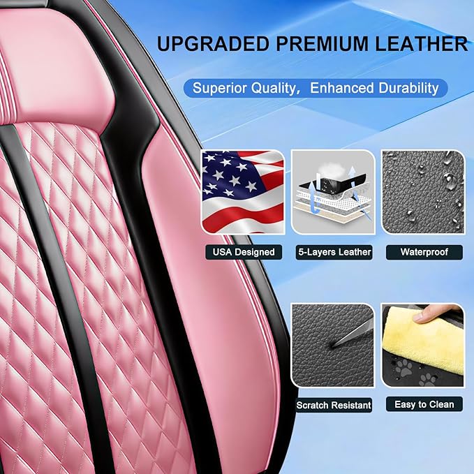 Fit CX-3 Car Seat Covers for Select Mazda CX3 2016-2024, Premium Full Coverage Leather, Airbag Compatible, Waterproof All Weather Seat Protector, Front Pair Black+Pink