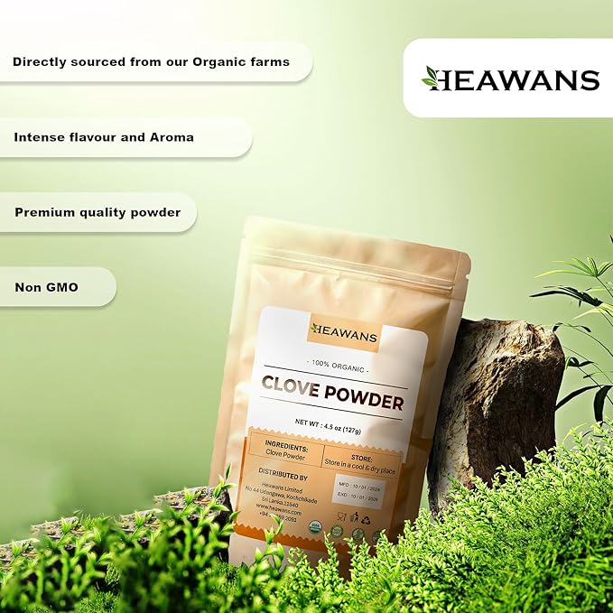 Heawans Organic premium grade clove ground, packed in a food graded inner aluminium foil kraft paper pouch, 4.5 oz | 127 g