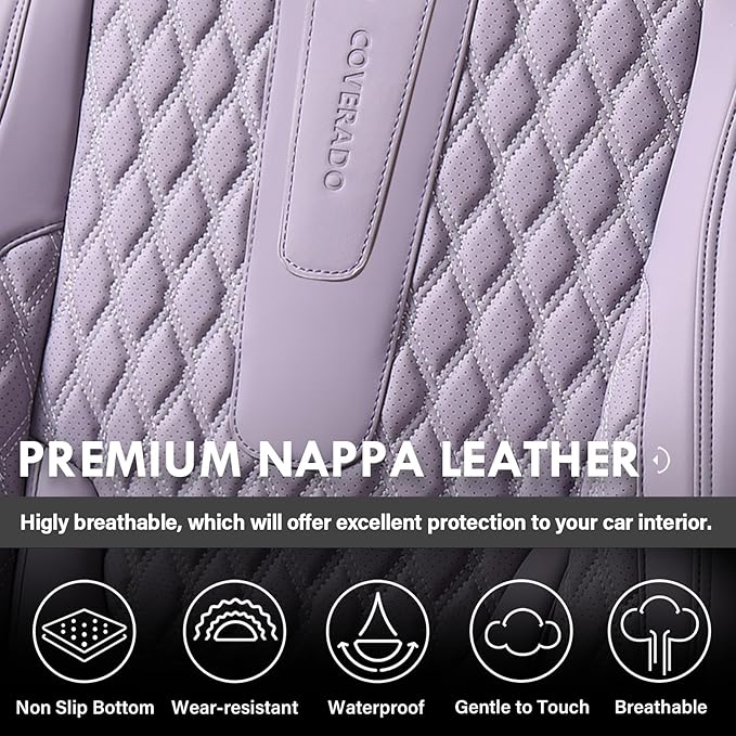 Coverado Seat Covers Full Set, Purple Car Seat Covers, Waterproof Car Seat Cover with Lumbar Support, Leather Car Seat Cushion Protector, Car Seat Covers Universal Fit Most Cars