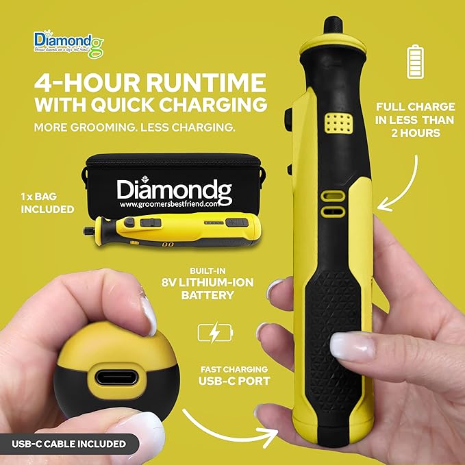 Diamondg Cordless Dog Nail Grinder with Quiet Sound & LED Tip for Large & Small Dogs, 4hrs. Runtime - Electric Dog Nail Trimmer, Heavy Duty Rotary Tool Alternative to Toenail Clippers & Filers