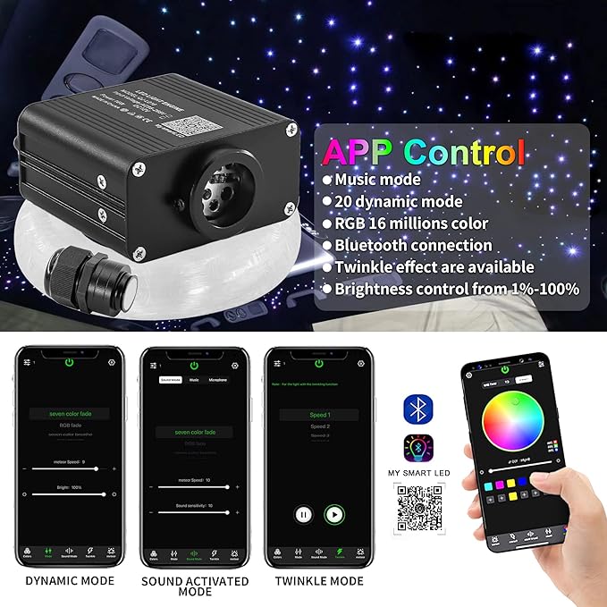 ATOKEE 16W Starlight Headliner Kit 600pcs 0.03in 13.1ft, Twinkle Small Size Fiber Optic Star Lights for Car with Bluetooth APP/Remote Control