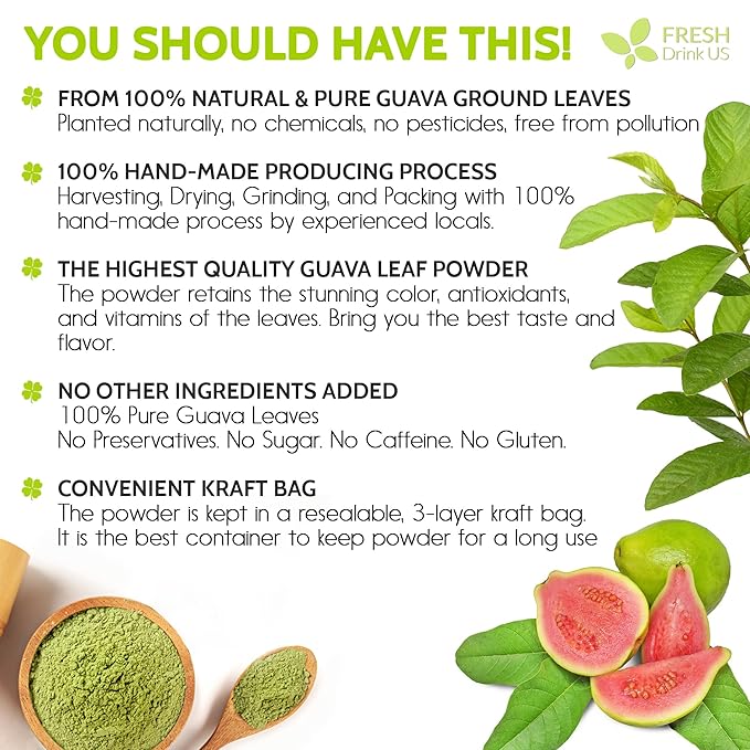 FreshDrinkUS Herbal Tea, Soursop Leaves, Bay Leaves, Guava Leaves, Banaba Leaves, Mango Leaves, Organic, Non GMO, Sugar Free, Gluten Free (1.1oz Guava Powder)