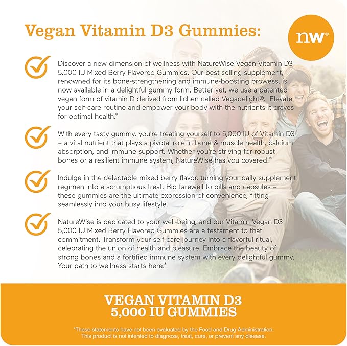 NatureWise Vitamin D3 5000 IU Gummies - Mixed Berry Flavor - Vegan D from Lichen, Pectin Based, Immune Support for Adults, Muscle & Bone Strength - Gluten Free, Non-GMO - 90 Count[45-Day Supply]