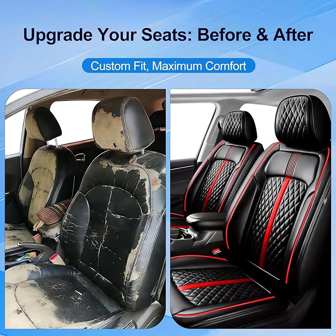 Fit Mazda 6 Car Seat Covers (Front Pair) for Select Mazda 6 2007-2021 - Premium Full Coverage Leather, Airbag Compatible, Luxury Waterproof & All Weather Breathable Seat Protector, Red Trim