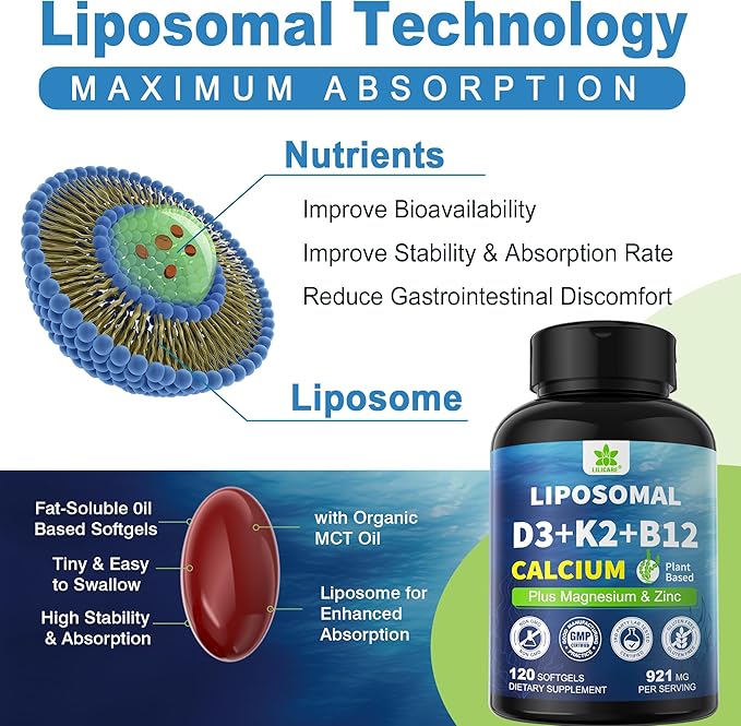 6-in-1 Plant Based Calcium Supplements for Women Men- Calcium 600mg w/ D3 K2 5000 IU Vitamin, Liposomal & Algae Ca-lcium Magnesium Zinc + Vegan Vitamin D 5000 IU + K2 MK7 + Methyl B12 for Bone, 1 Pack