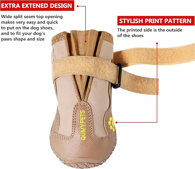 QUMY Dog Shoes for Large Dogs, Medium Dog Boots & Paw Protectors for Winter Snowy Day, Summer Hot Pavement, Waterproof in Rainy Weather, Outdoor Walking, Indoor Hardfloors Anti Slip Sole Khaki 3