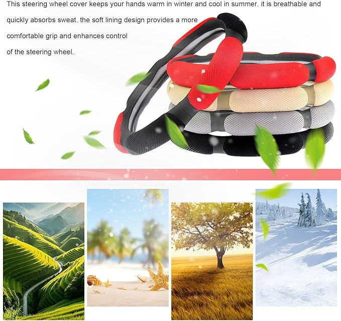 Car Steering Wheel Cover, 15" Breathable Ice Silk Auto Wheel Protector with Comfortable Grip, Anti-Slip Slip-on Steering Wheel Wrap Soft Hand Pad Cushion for Women Men (Beige)
