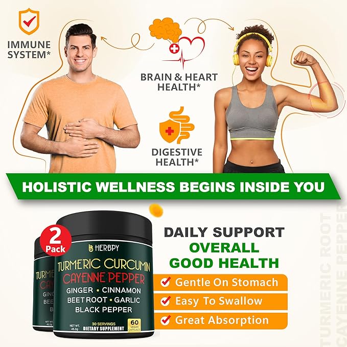7in1 Turmeric and Cayenne Pepper Supplement - Digestion, Immune, Brain & Heart Health Support with Ceylon, Ginger, Garlic, Beetroot - 2Pack60