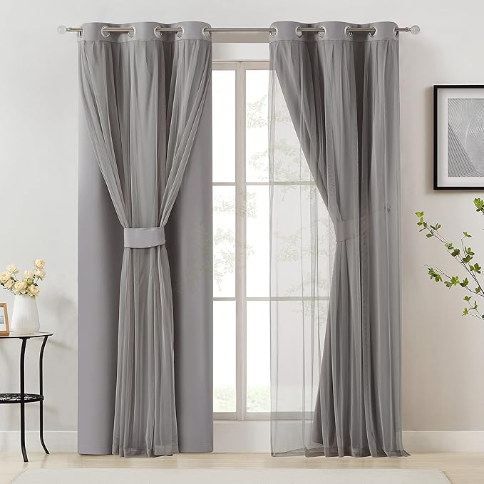 Bujasso Grey 90% Blackout Curtains with Sheer Overlay Mix and Match Double Layer Window Curtains Thermal Insulated 72 inch for Living Room Bedroom Gray Drapes with Tiebacks Grommet Top 37" Wx72 Lx2