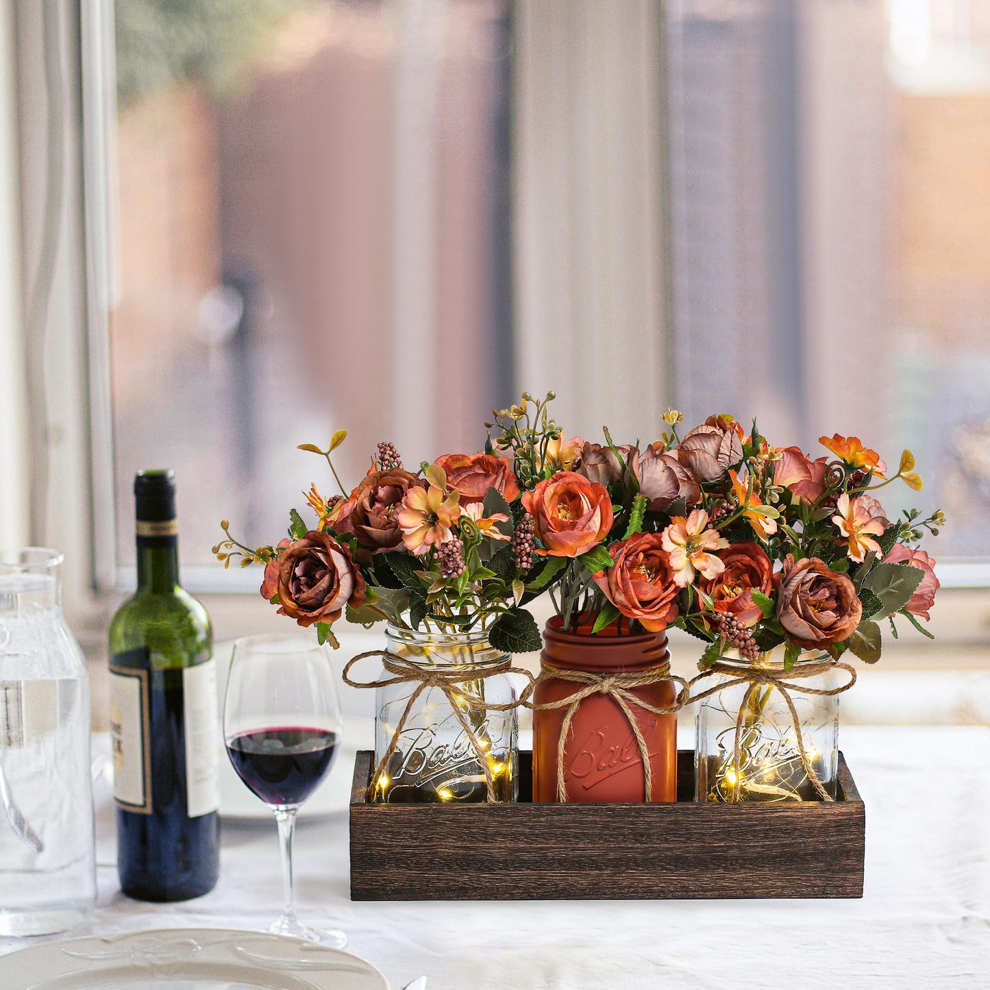 DUOER 3 Pcs Mason Jar Centerpiece Table Decorations for Dining Table Decor Farmhouse Coffee Table Decor with Wood Tray and Led Light Table Centerpieces for Dining room Kitchen Living Bathroom,Orange