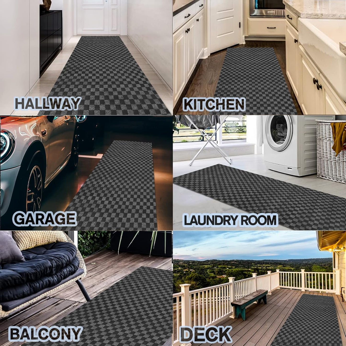 Custom Size Backed Non-Slip Area Rugs Runner, Easy Clean, Waterproof Runner Rugs for Hallway Entryway, Kitchen, Laundry, 3FT x 15FT, Gray Checkered