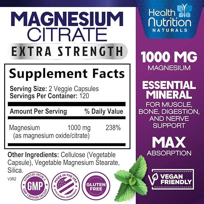 Magnesium Citrate Capsules 1000mg - Max Absorption Magnesium Powder for Muscle, Nerve, Bone and Heart Health Support, High Absorption Citrate Complex, Gluten Free, Non-GMO - 240 Capsules