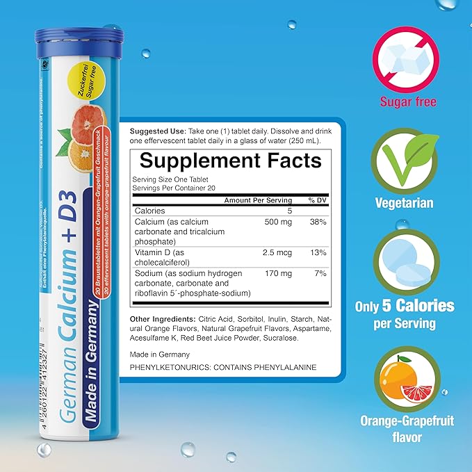 German Calcium + VIT. D - 40 Vegetarian Drink Effervescent Tablets - Orange-Grapefruit Flavor - Made in Germany
