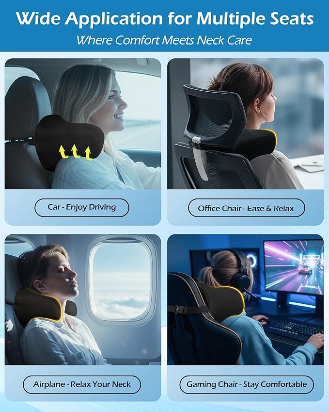 Car Neck Pillow: 2 Pack Ergonomic Memory Foam Headrest Pillow for Driving, Adjustable Neck Support Cushion for Pain Relief, Head Rest Pillows for Car Seat, Truck - Black