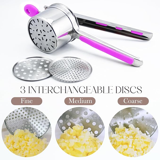 Bellemain Heavy-Duty Stainless Steel Potato Ricer & Masher | 15 oz, Perfect for Mashed Potatoes | Kitchen Tool with 3 Interchangeable Discs (Purple)