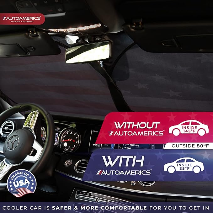 Autoamerics 1-Piece Windshield Sun Shade Grunge American Flag - 1 USA Design - Foldable Car Front Window Sunshade for Most Sedans SUV Truck - Blocks Max UV Rays and Keeps Your Vehicle Cool - Medium